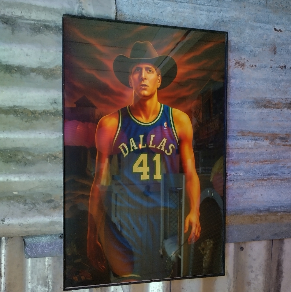 Dirk Nowitzki Retro NBA Dallas Mavericks Airbrushed Style Framed Art Print